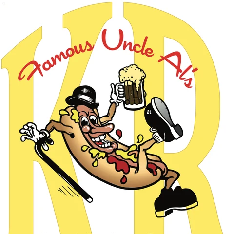 Famous Uncle Al's KR logo: the Uncle Al's hot dog mascot in a bowler hat over a big yellow K R